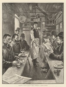 Szkice londyńskich taksówek i dorożkarzy, wnętrze schronu dorożkarzy autorstwa William Douglas Almond